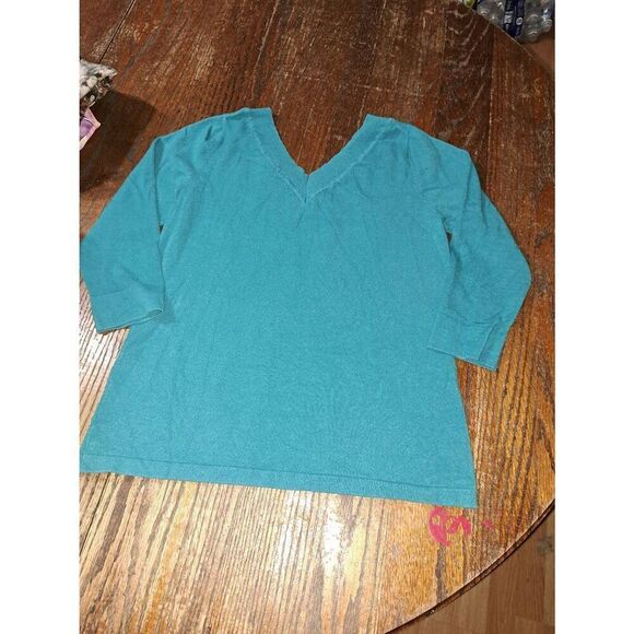 Small Chicos Size 0 Teal Blue Deep VNeck Pullover Shirt Top 3/4 Sleeve - Picture 3 of 3
